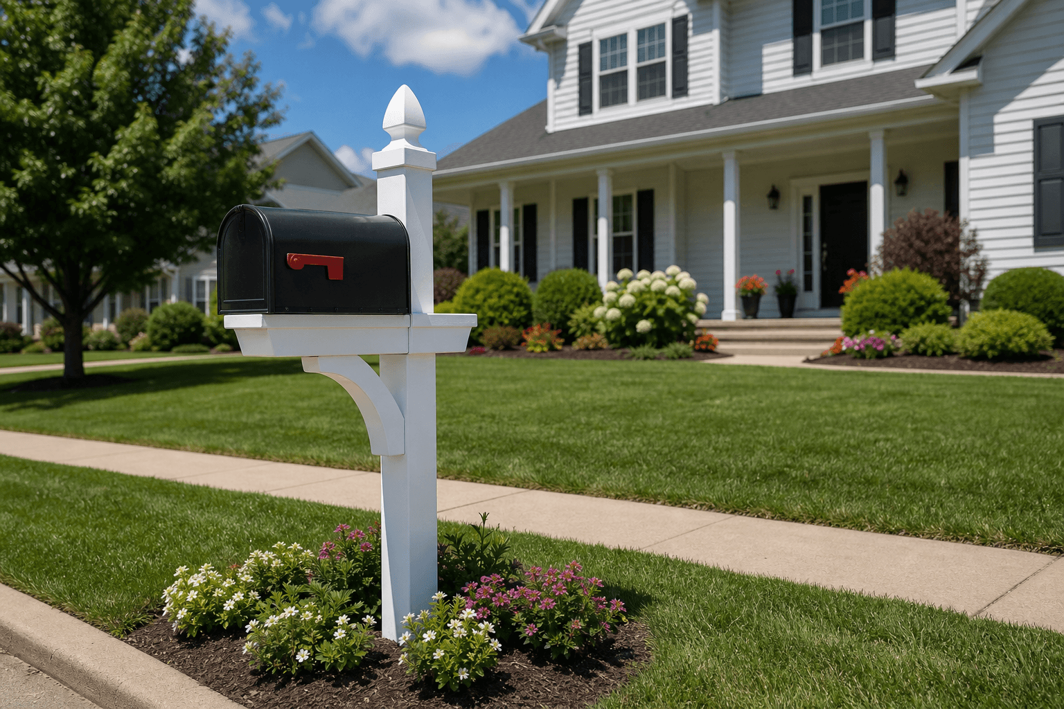 White vinyl post with flower bed — Cypress