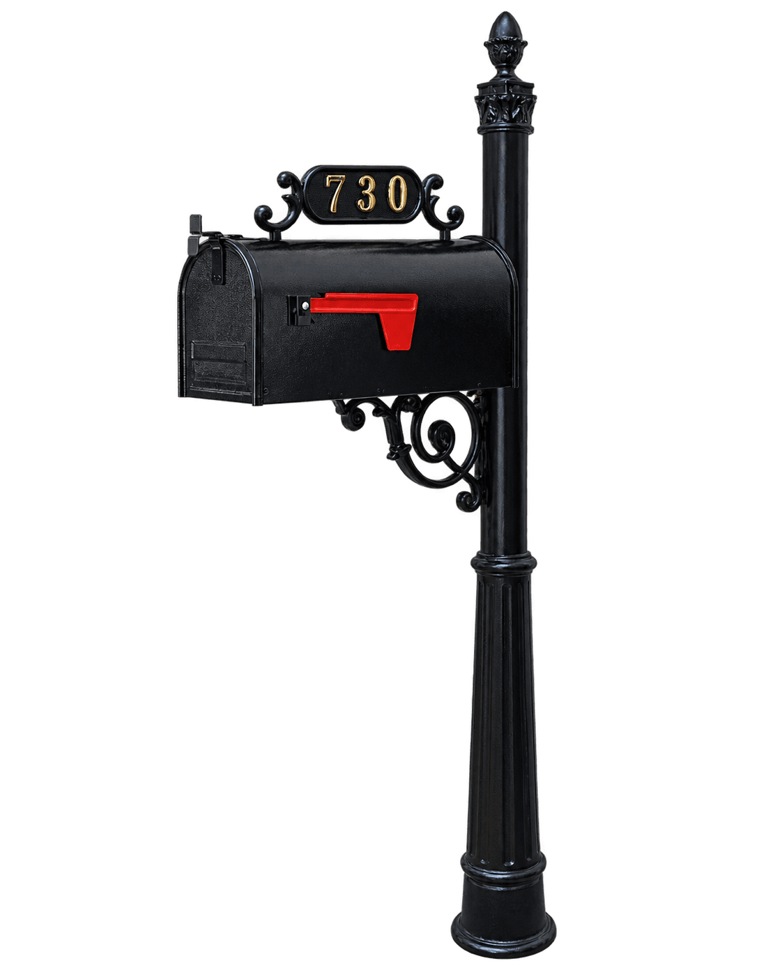 Decorative black mailbox and pedestal with an address plaque, catalog design