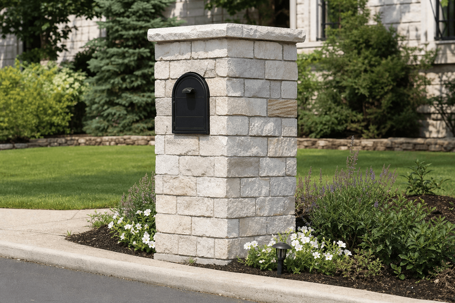 Design prototype — limestone stacked stone mailbox