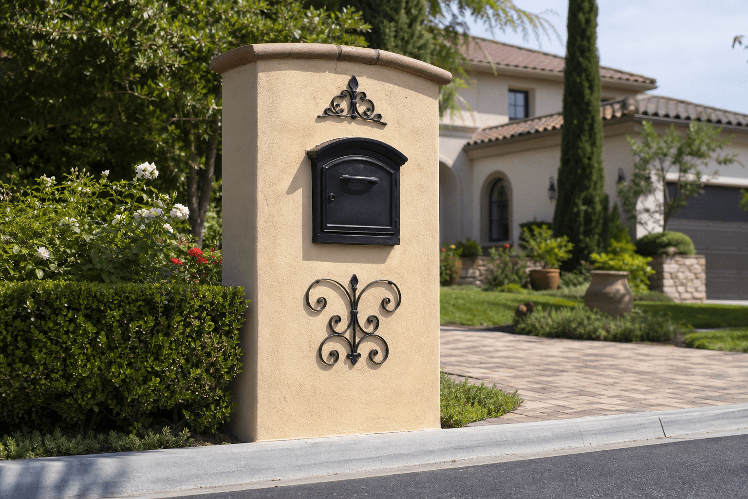 Design prototype — Mediterranean stucco mailbox with wrought iron accents